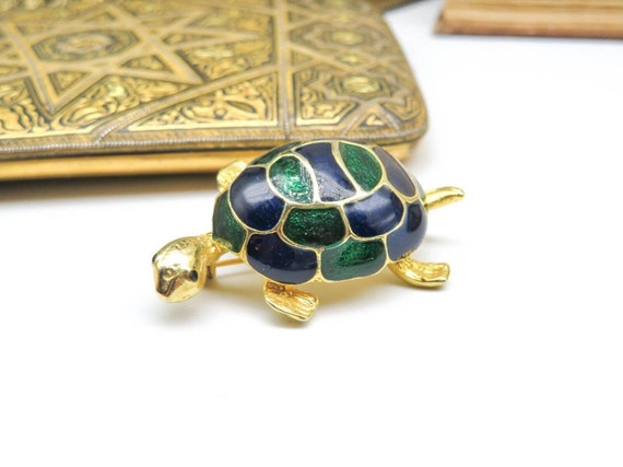 Vintage Green Blue Enamel Gold Tone Turtle Brooch… - image 2