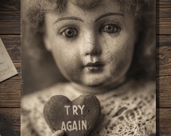 Vintage Victorian Cracked Doll Try Again Valentine Card Gothic Creepy Antique Cabinet Photo Blank Inside
