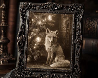 Gothic Fox By Christmas Tree Winter Art Print  Vintage Style Dark Woodland Animal Holiday Wall Decor