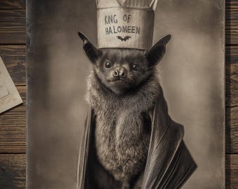Vintage Victorian Bat King Halloween Crown Card Gothic Antique Style Photography Blank Inside