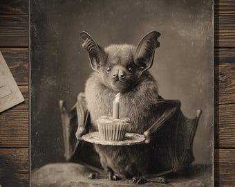 Vintage Victorian Bat Holding Birthday Cupcake Card Gothic Macabre Art Antique Style Photography Blank Inside