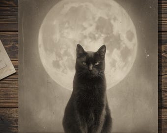 Vintage Gothic Black Cat Card Victorian Style Full Moon Halloween Blank Inside