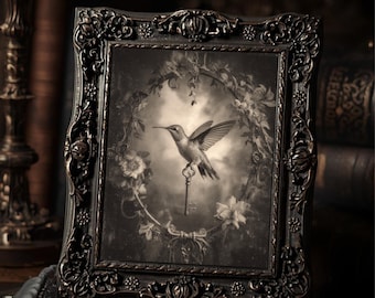 Victorian Hummingbird Key Print Gothic Nature Wall Art Antique Sepia Floral Decor
