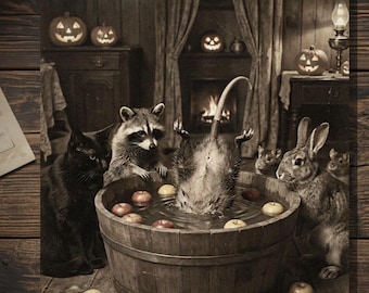 Vintage Victorian Opossum Bobbing for Apples Halloween Card Woodland Animals Antique Style Photography Funny Blank Inside