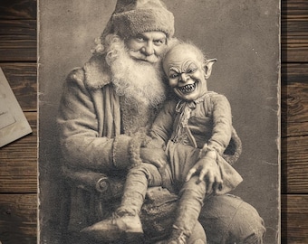 Vintage Victorian Santa with Evil Elf Christmas Card Gothic Holiday Art Antique Style Photography Blank Inside