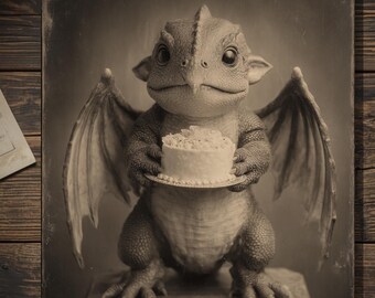 Birthday Dragon Holding Cake Gothic Fantasy Greeting Card Whimsical Creature Note Romantic Victorian Style