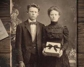Vintage Victorian Siblings with Black-Ribbon Gift Birthday Card Gothic Macabre Art Antique Style Photography Blank Inside