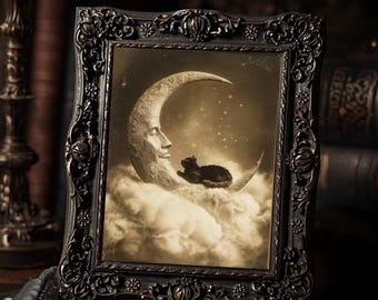 Vintage Victorian Moon And Black Cat Dreamy Surreal Gothic Night Sky  Art Print Antique Style Witchy Wall Decor