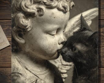 Cupid Statue Kissing Black Cat Gothic Valentine Greeting Card Romantic Victorian Love