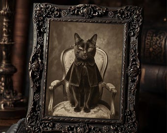 Vintage Victorian Vampire Cat Halloween Art Print Black Cat Gothic Antique Style Photography Spooky Wall Decor