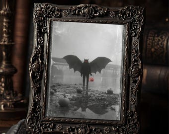 Vintage Victorian Mothman Trick or Treat Halloween Gothic Cryptid Black and White Antique Style Wall Art  Print