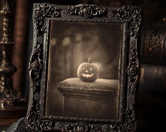 Gothic Jack O Lantern Halloween Wall Art Print  Sepia Vintage Creepy Pumpkin Photograph Spooky Gothic Home Decor
