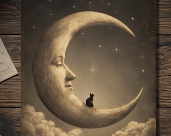 Vintage Victorian Moon And Black Cat Surreal Night Sky Gothic Witchy Art Card Antique Style Photography Blank Inside