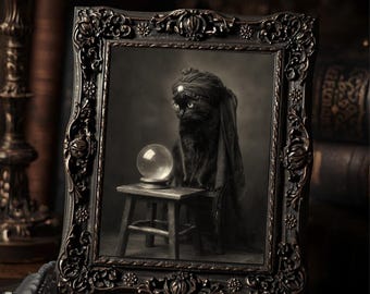 Victorian Black Cat Fortune Teller Gothic Animal Art Print Occult Whimsical Wall Decor