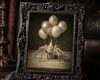 Vintage Spider With Balloons Print Gothic Animal Creepy Party Dark Humor Wall Art
