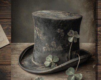 Vintage Victorian St. Patrick’s Day Four Leaf Clover Top Hat Gothic Greeting Card Blank Inside