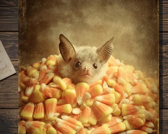 Vintage Victorian Bat Candy Corn Halloween Card Gothic Antique Style Photography Blank Inside