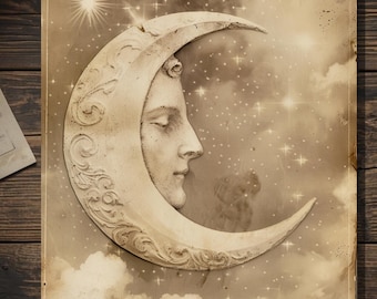 Vintage Crescent Moon Face Greeting Card Celestial Gothic Moon Art Sepia Night Sky Stars Blank Inside