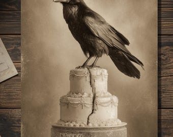 Vintage Victorian Raven on Cracked Wedding Cake Divorce Card Gothic Dark Humor Art Antique Style Photography Blank Inside
