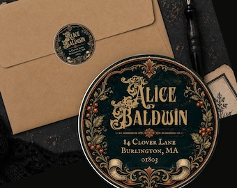 Personalized Vintage Victorian Botanical Return Address Labels Dark Green Floral Custom Round Stickers