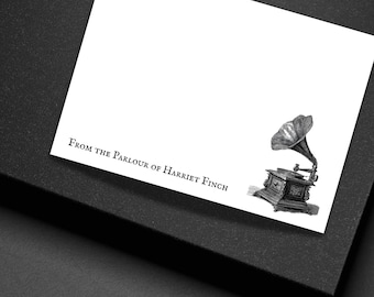 Personalized Gramophone Note Cards Gothic Victorian Stationery Set Custom Flat Cards with Envelopes