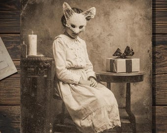 Vintage Victorian Girl in Cat Mask with Birthday Gift Card Gothic Macabre Art Antique Style Photography Blank Inside