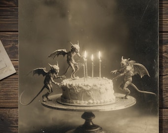 Vintage Gothic Demon Birthday Card Devils With Cake Victorian Style Photo Blank Inside