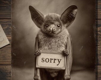 Vintage Victorian Bat Print Gothic Sorry Bat Holding Sign Antique Style Animal Photography Wall Art
