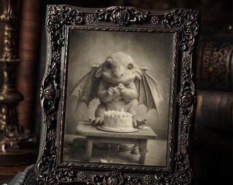 Vintage Dragon Eating Cake Print Gothic Fantasy Art Antique Style Wall Decor