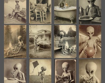 Vintage Gray Alien Notecard Set of 12 Blank Retro Sci Fi Greeting Cards Stationery