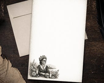 Gothic Day of the Dead Woman Stationery Set 5.5 x 8.5 Letter Writing Paper Victorian Skull Notes with Envelopes