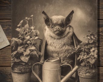 Victorian Bat With Watering Can Greeting Card Antique Style Sepia Gothic Bat Card