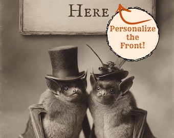 Personalized Vintage Victorian Gothic Bat Greeting Card Custom Message on Front Romantic Funny Couple Card