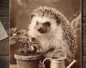 Victorian Hedgehog Gardening Funny Gothic Animal Greeting Card Cozy Strange Humor