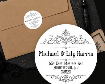 Personalized Victorian Return Address Labels Black White Ornate Vintage Gothic Custom Round Stickers