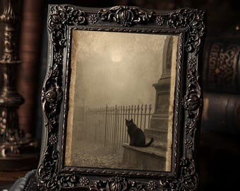 Vintage Victorian Black Cat In Cemetery Halloween Art Print Gothic Witchy Spooky Antique Style Wall Decor