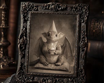 Vintage Baby Dragon with Birthday Cupcake Print Gothic Fantasy Art Antique Style Wall Decor