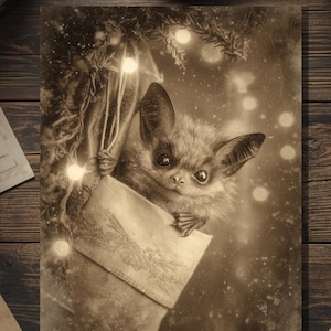 Vintage Victorian Bat in Christmas Stocking Card Gothic Holiday Art Antique Style Photography Blank Inside