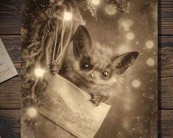 Vintage Victorian Bat in Christmas Stocking Card Gothic Holiday Art Antique Style Photography Blank Inside