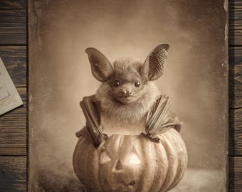 Vintage Victorian Jack-O'-Lantern Pumpkin Bat Halloween Card Gothic Antique Style Photography Blank Inside