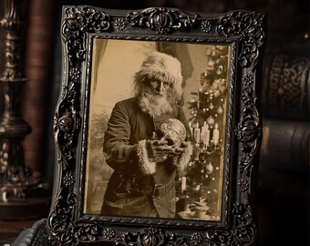 Creepy Santa Holding Skull  Art Print Gothic Christmas Vintage Spooky Holiday Wall Art Sepia Photography