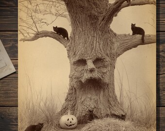 Vintage Victorian Halloween Card Haunted Tree Black Cats Pumpkin Gothic Antique Style Photography Blank Inside