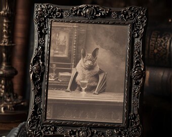 Victorian Bat At Bar Art Print Antique Style Sepia Bat Portrait Gothic Print