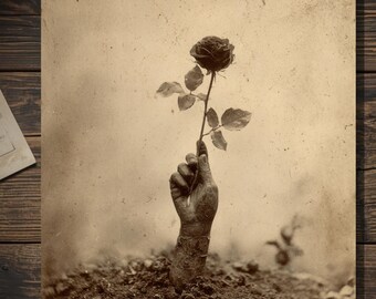 Vintage Gothic Dark Valentine Card Victorian Style Hand Holding Rose from Grave Blank Inside