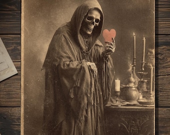 Vintage Victorian Grim Reaper Holding Red Heart Valentine Card Gothic Macabre Antique Photography Blank Inside