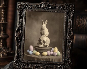 Vintage Gothic Easter Bunny on Skull Print Victorian Cabinet Photo Pastel Eggs Dark Spring Decor