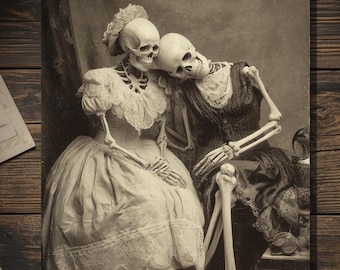 Vintage Victorian Skeleton Girl Friends Friendship Card Gothic Macabre Antique Style Photography Blank Inside