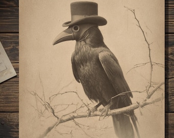 Vintage Victorian Plague Doctor Crow Gothic Raven Halloween Card