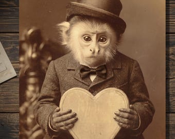 Vintage Victorian Monkey Valentine Card Gothic Heart Love Blank Greeting Card