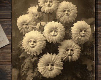 Vintage Victorian Sad Flower Faces Card Gothic Surreal Art Antique Style Photography Blank Inside